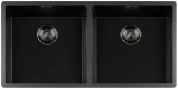 Lorreine zwarte Quartz dubbele spoelbak 4040cm onderbouw vlakbouw en opbouw zwart met gun metal korfplug 1208954061