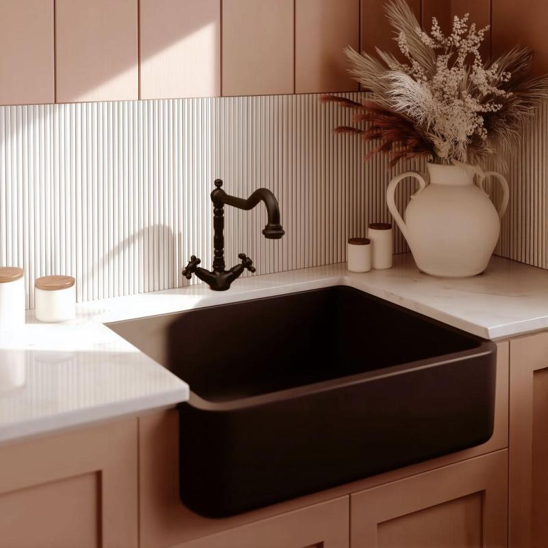 ACTIE Combinatieset nostalgische mat zwarte keukenkraan met Granitemy Tradition mat zwarte spoelbak 1208954641