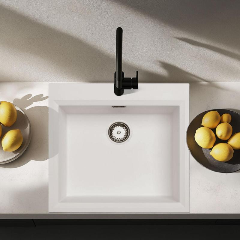 Witte opbouw spoelbak 58x53cm met kraangatbank met rvs plug 1208956763