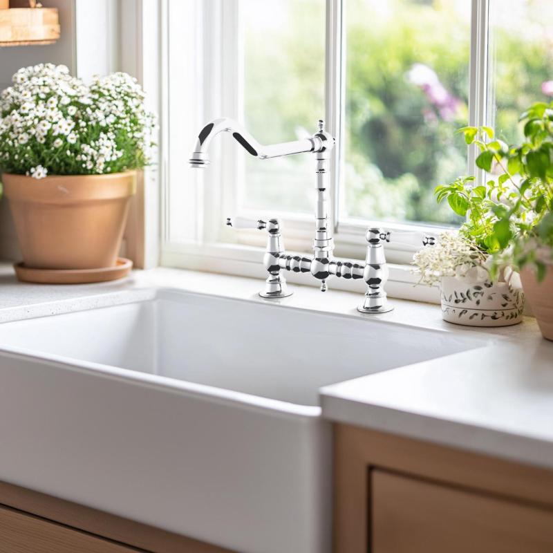 AquaTrimo Country 2 gats  klassieke keuken nostalgische brug keukenkraan met haakse uitloop chroom 21CT7657CM