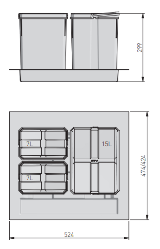 Garbi Basket B-60-3 sorteer afvalsysteem voor lade 60cm  incl. houder en 3 afvalbakken 1208964399
