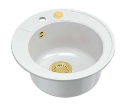 Quadri Norwich graniet witte ronde spoelbak opbouw met gouden plug en push to open afvoer 1208967043