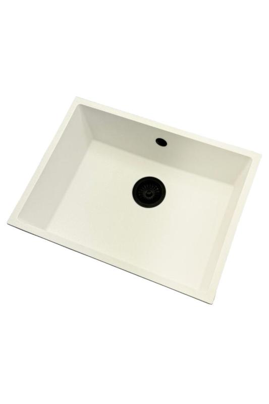 GraniteMy Universal granieten witte spoelbak 55x40 cm wit opbouw onderbouw en vlakinbouw met zwarte plug 1208967154