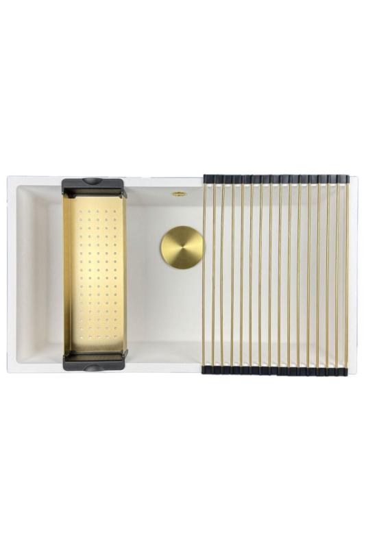 GraniteMy Universal granieten grote witte spoelbak 74x40 cm wit opbouw onderbouw en vlakinbouw met gouden plug 1208967163