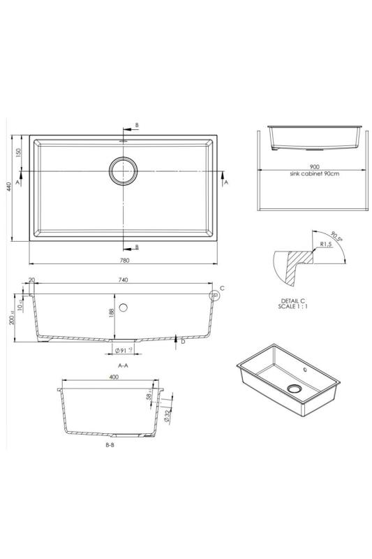 GraniteMy Universal granieten grote witte spoelbak 74x40 cm wit opbouw onderbouw en vlakinbouw met gouden plug 1208967163