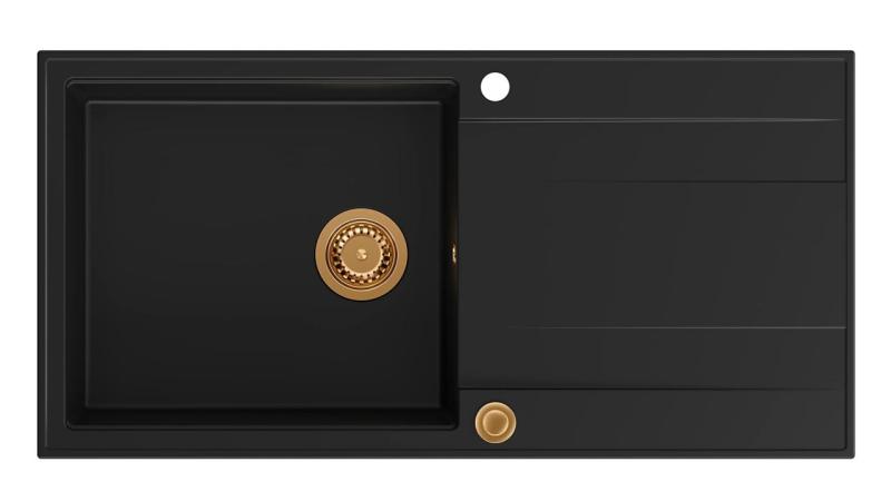 Quadri Luton zwarte granieten opbouw spoelbak met afdruipvlak omkeerbaar 100x50cm met koperen plug 1208967316