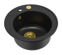Quadri Norwich graniet zwart ronde spoelbak opbouw met gouden plug en push to open afvoer 1208967368
