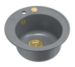 Quadri Norwich graniet grijs ronde spoelbak opbouw met gouden plug en push to open afvoer 1208967371