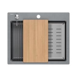 Quadri Durham grijs graniet opbouw spoelbak 595x500 met zeepdispenser, snijplank, inzetbak en rolmat 1208967378