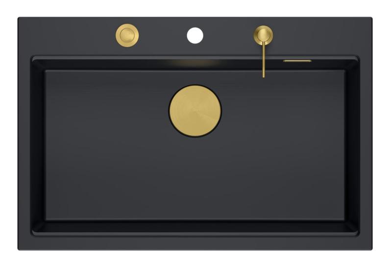 Quadri Hard Rock antraciet granieten opbouw grote spoelbak 76x50cm inclusief gouden plug en accessoires 1208967444