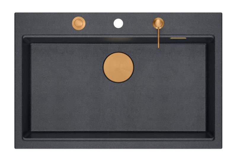 Quadri Hard Rock antraciet granieten opbouw grote spoelbak 76x50cm inclusief koperen plug en accessoires 1208967445