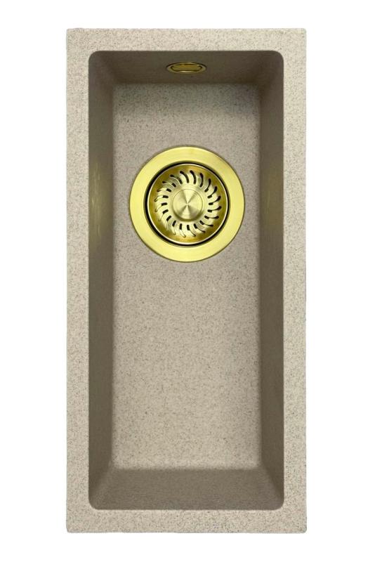 GraniteMy Universal granieten beige zand kleine spoelbak 17x40 cm opbouw onderbouw en vlakinbouw met gouden plug 1208968003