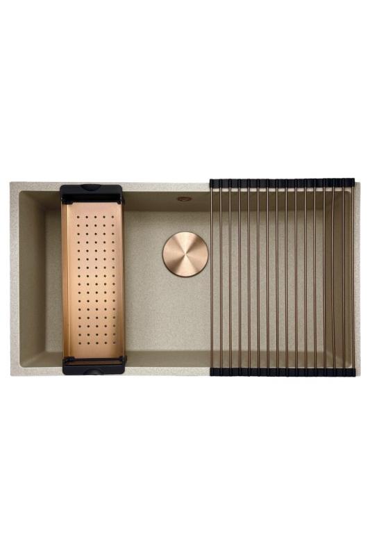 GraniteMy Universal granieten beige zand spoelbak 74x40 cm opbouw onderbouw en vlakinbouw met koperen plug 1208968019