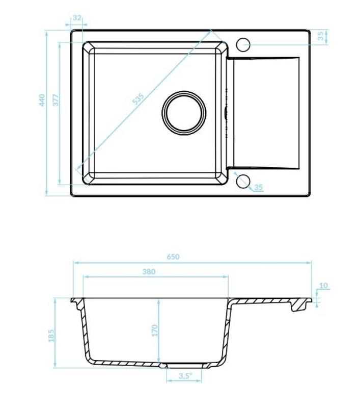 Aquadesign Kensley Granieten Opbouw Spoelbak Antraciet met kleine Afdruipgedeelte 65 x 44 cm 1208970085