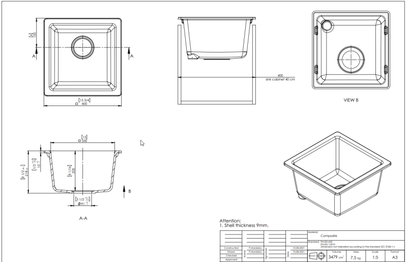 Outlet granieten café spoelbak 40x40 cm opbouw, onderbouw  1208970647