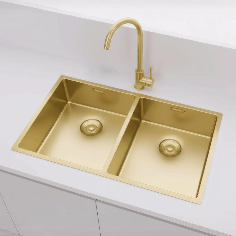 Pure.Sink Prestige Dubbele Gouden spoelbak 70x40 cm 10mm radius onderbouw, vlakbouw en opbouw PPG343440-60