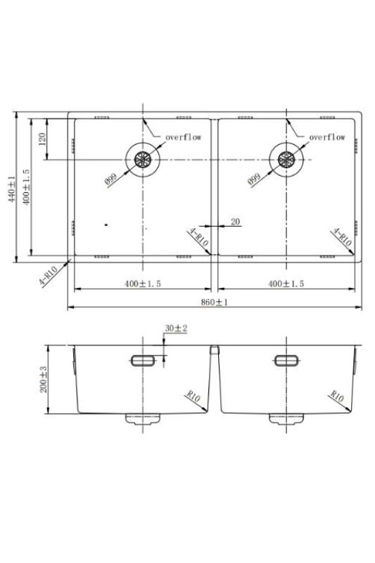 Pure.Sink Prestige Dubbele RVS spoelbak 82x40 cm 10mm radius onderbouw, vlakbouw en opbouw PPG404040-02