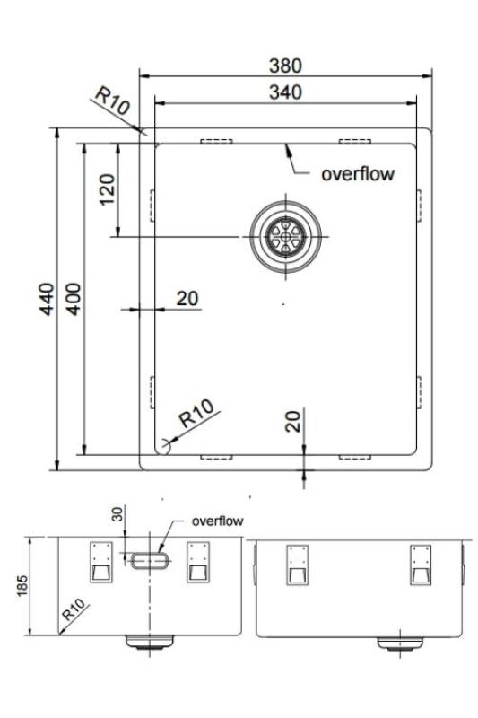 Pure.Sink Exclusivo Koperen spoelbak 34x40 cm 10mm radius onderbouw, vlakbouw en opbouw PEX3440-62