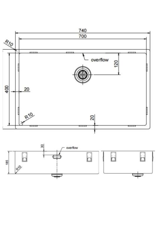 Pure.Sink Exclusivo grote Gun metal spoelbak 70x40 cm 10mm radius onderbouw, vlakinbouw en opbouw PEX7040-61