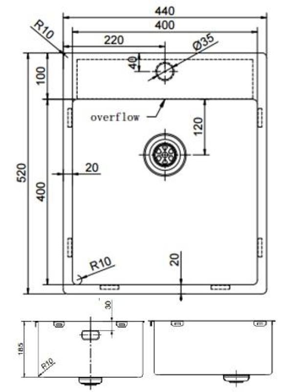 Pure.Sink Exclusivo Gouden spoelbak 44x52 cm Tapwing met kraangatbank 10mm radius  PEX4040T-60