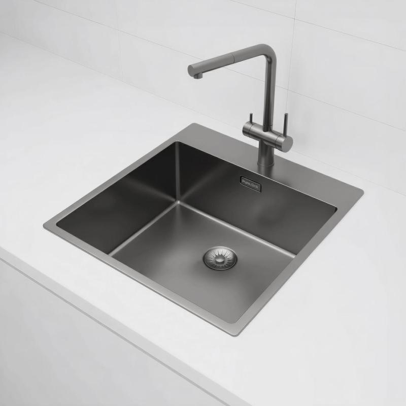 Pure.Sink Exclusivo Gun Metal spoelbak 49x52 cm Tapwing met kraangatbank 10mm radius PEX4540T-61