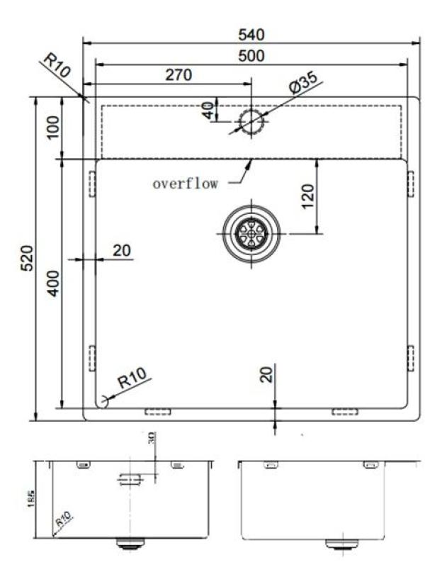 Pure.Sink Exclusivo Gouden spoelbak 54x52 cm Tapwing met kraangatbank 10mm radius PEX5040T-60
