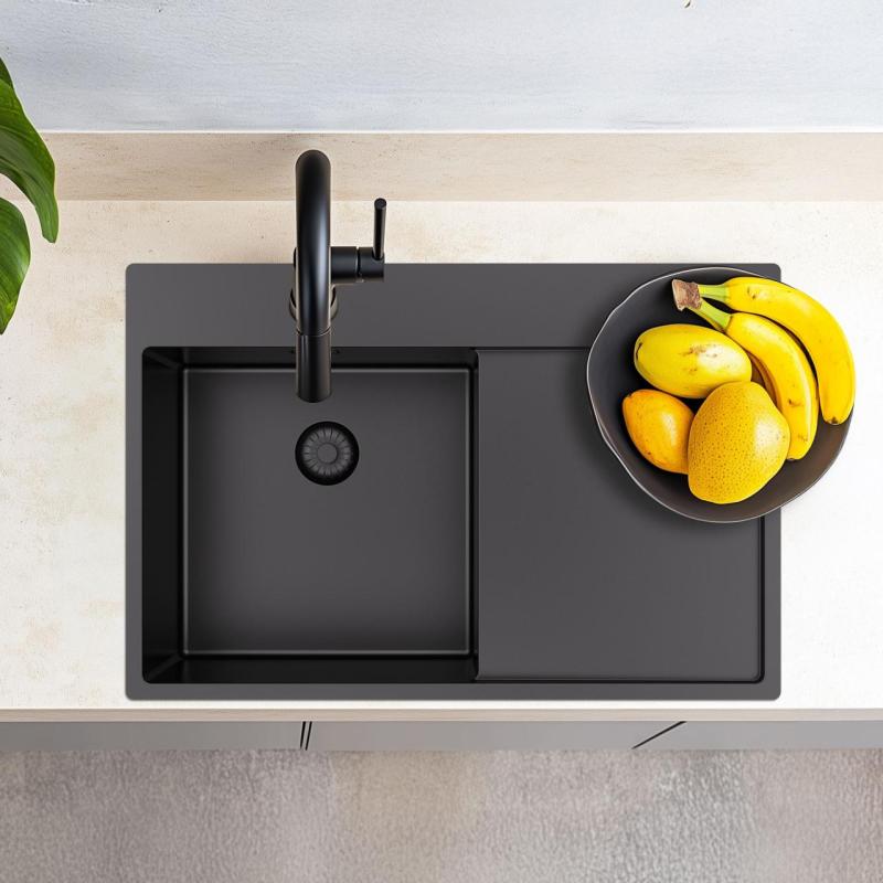 Pure.Sink Exclusivo Gun Metal spoelbak met afdruipgedeelte 78x52 cm Tapwing rechts PEX4078RT-61