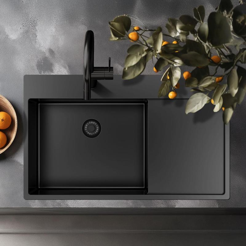 Pure.Sink Exclusivo Gun Metal spoelbak met afdruipgedeelte 86x52 cm Tapwing rechts PEX5086RT-61