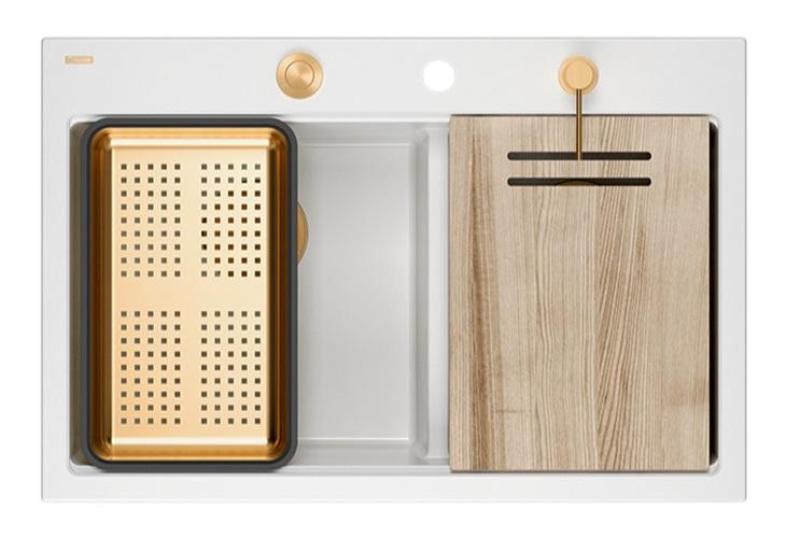 Quadri Hard Rock Dubbele Witte Graniet Opbouw Spoelbak 76 x 50 cm met Koperen plug en accessoires 1208971357