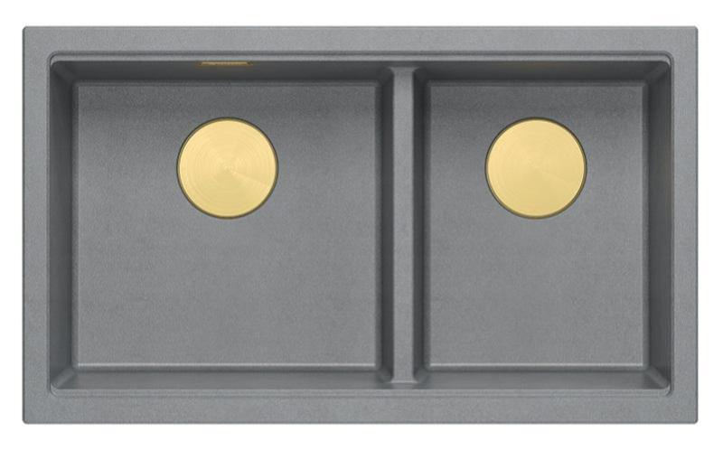 Quadri Newport II Dubbele Grijze Graniet Onderbouw Spoelbak 702 x 390 mm met Gouden plug 1208971380
