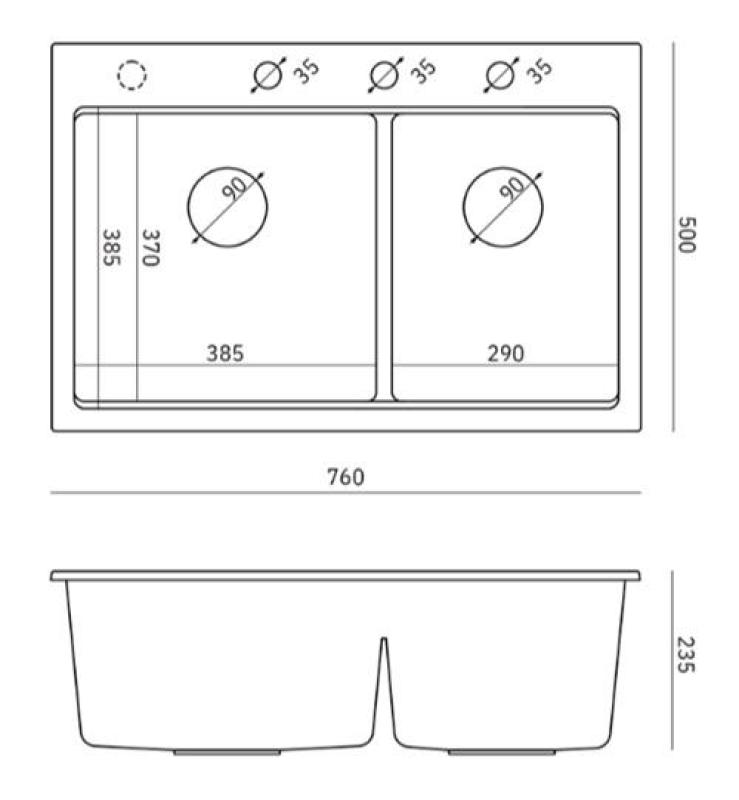 Quadri Hard Rock Dubbele Taupe Graniet Opbouw Spoelbak 76x50 cm met RVS plug en accessoires 1208971402