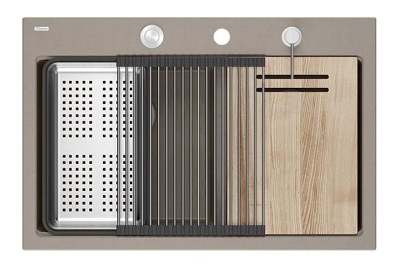 Quadri Hard Rock Dubbele Taupe Graniet Opbouw Spoelbak 76x50 cm met RVS plug en accessoires 1208971402