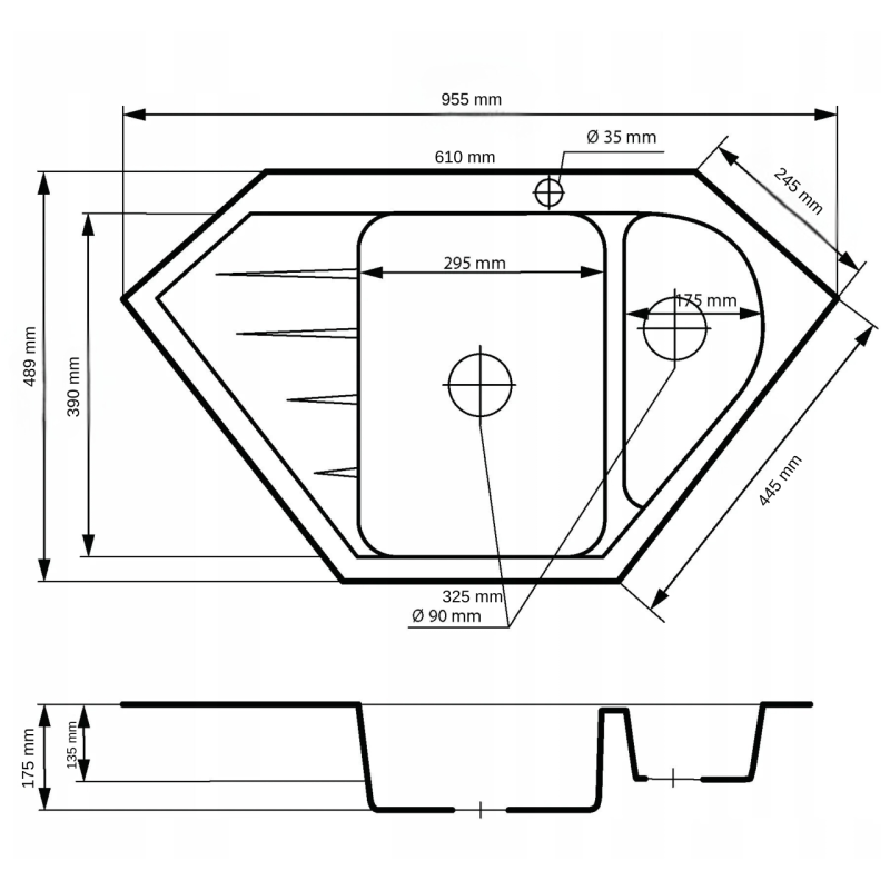 Graniteland Amiata Granieten grijze Hoekspoelbak opbouw 955x489mm met RVS Plug 1208971419