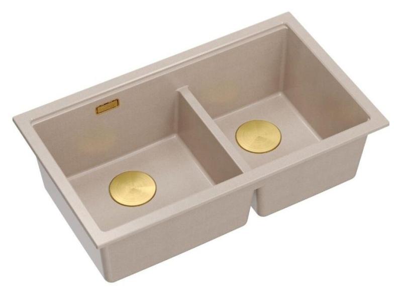 Quadri Newport II Dubbele Beige Graniet Opbouw Spoelbak 76x45 cm met Gouden plug 1208971753