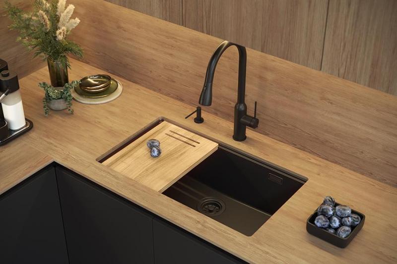 Quadri Newport II grote en diepe spoelbak graniet opbouw en onderbouw beige spoelbak 76x45cm met koperen plug 1208971758