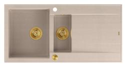 Quadri Luton pearl beige granieten opbouw 1,5 spoelbak met afdruipvlak omkeerbaar 100x50cm met gouden plug 1208971793