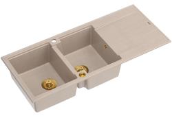 Quadri Luton opbouw dubbele graniet spoelbak pearl beige met afdruipgedeelte 116x50 cm met gouden plug 1208971809