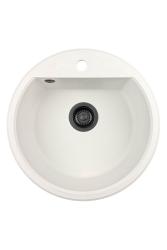 GraniteMy Bremen ronde granieten spoelbak 43 cm wit, opbouw en onderbouw, met kraangatbank en automatische zwarte plug 1208971846