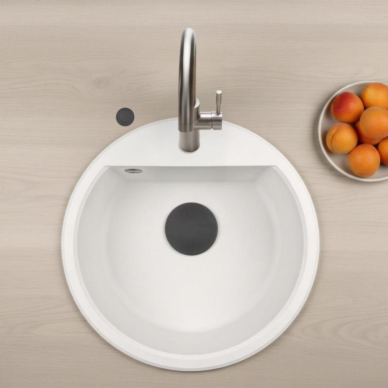 GraniteMy Bremen ronde granieten spoelbak 43 cm wit, opbouw en onderbouw, met kraangatbank en automatische zwarte plug 1208971846