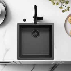 Ausmann Fibre zwarte spoelbak 40x40cm onderbouw, opbouw en vlakbouw met automatische zwarte plug 1208971851