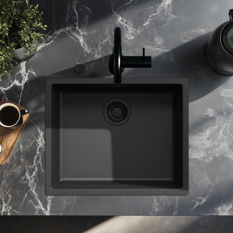 Ausmann Fibre zwarte spoelbak 50x40cm onderbouw, opbouw en vlakbouw met automatische zwarte plug 1208971856