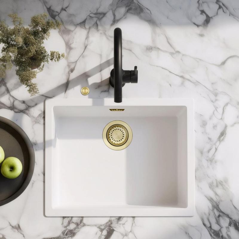 Ausmann Fibre witte spoelbak 50x40cm onderbouw, opbouw en vlakinbouw met automatische gouden plug 1208971901