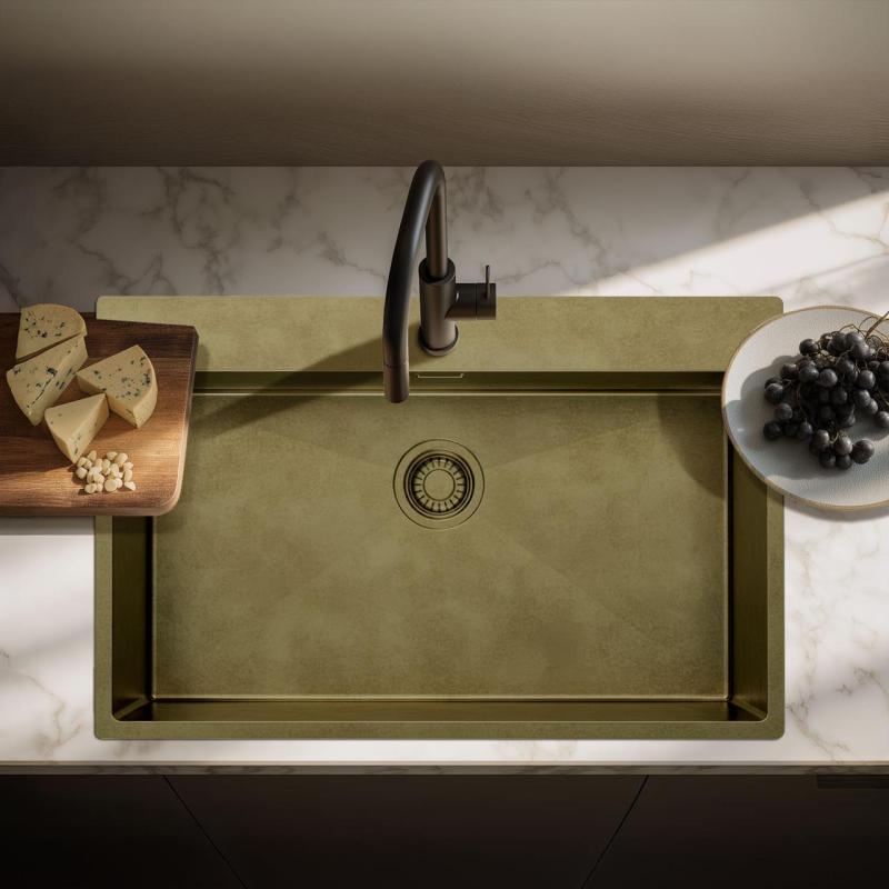Pure.Sink Luxion Grote PVD Antiek Bronzen spoelbak 78x50 cm Tapwing met kraangatbank en bodemrek PLX7850T-64