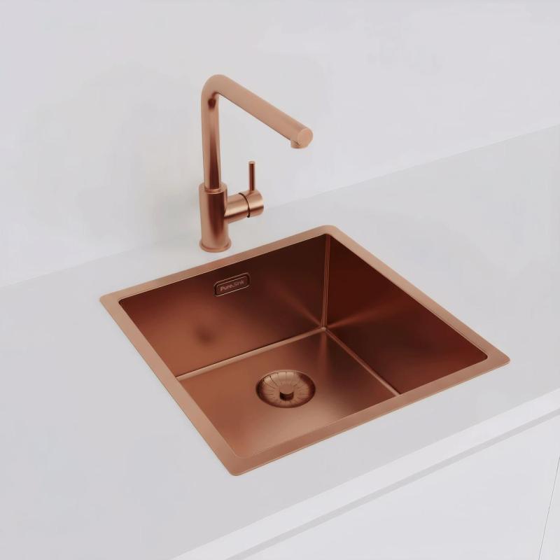 OUTLET Deuk! Pure.Sink Prestige spoelbak 40x40 cm PVD Koper 10mm radius onderbouw 1208972431
